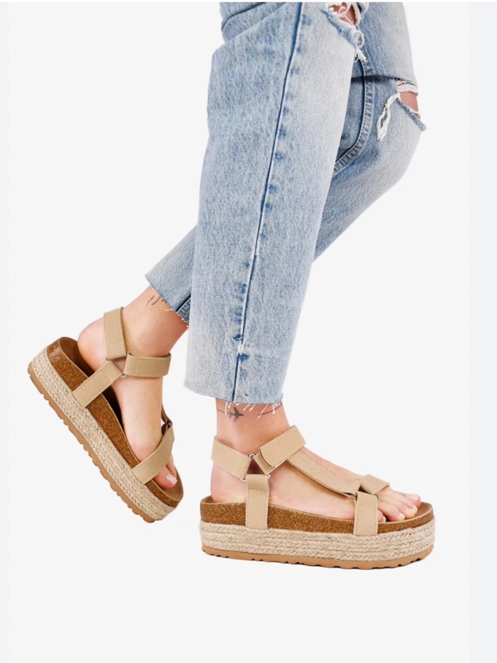 OKER Leather Platform Espadrille Sandals Sz 9/40 Velcro Straps Neutral Tan